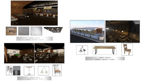 BARCODE project by Katharine Foley - 1. Demolition plan; 2. New floor plan & 3D model; 3. Furniture layout; rendering of furniture and finishes